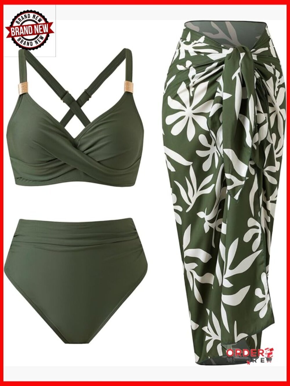High Waisted Bikini Set 3 Piece Retro V Neck Cross Back Swim